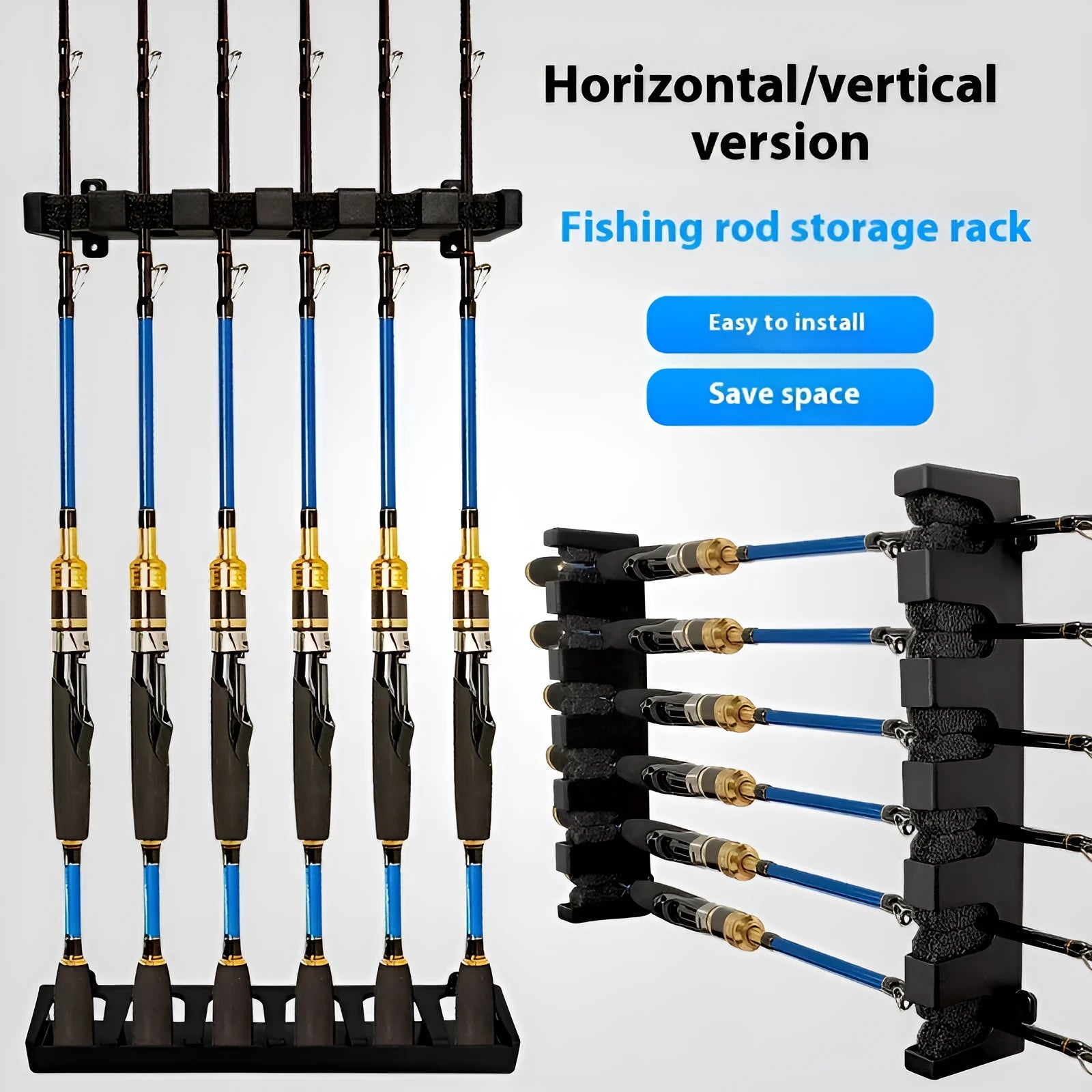Black ABS plastic wall-mounted fishing rod holder showing vertical and horizontal mounting options
