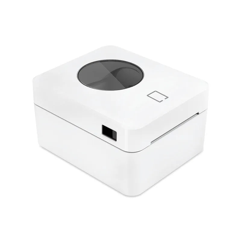 White Bluetooth heat-sensitive label printer with compact 200mm width dimensions