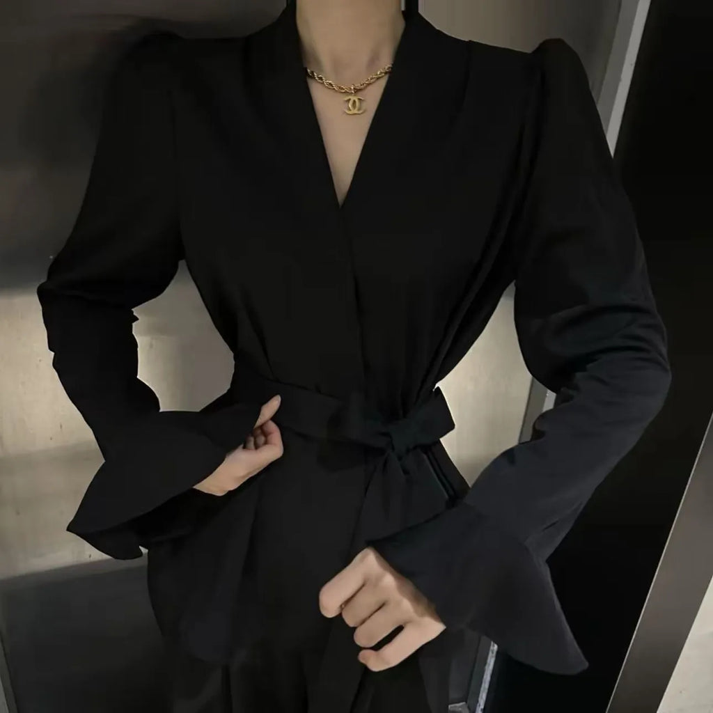 Women's French-style irregular collar long sleeve shirt with bell sleeves and tied front in black colour