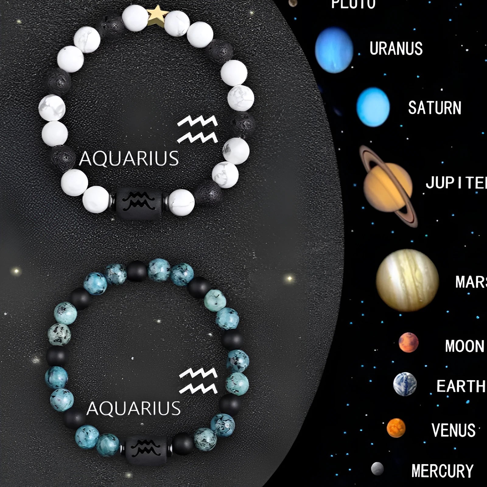 Set of twelve natural stone beaded bracelets for each zodiac sign.