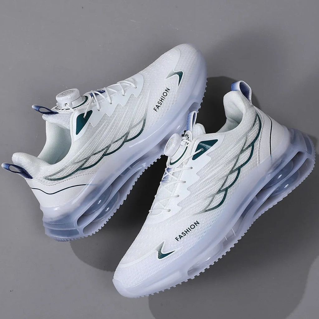 White men's casual running shoes with rotating button closure and mesh upper