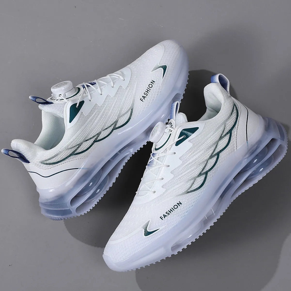 White men's casual running shoes with rotating button closure and mesh upper