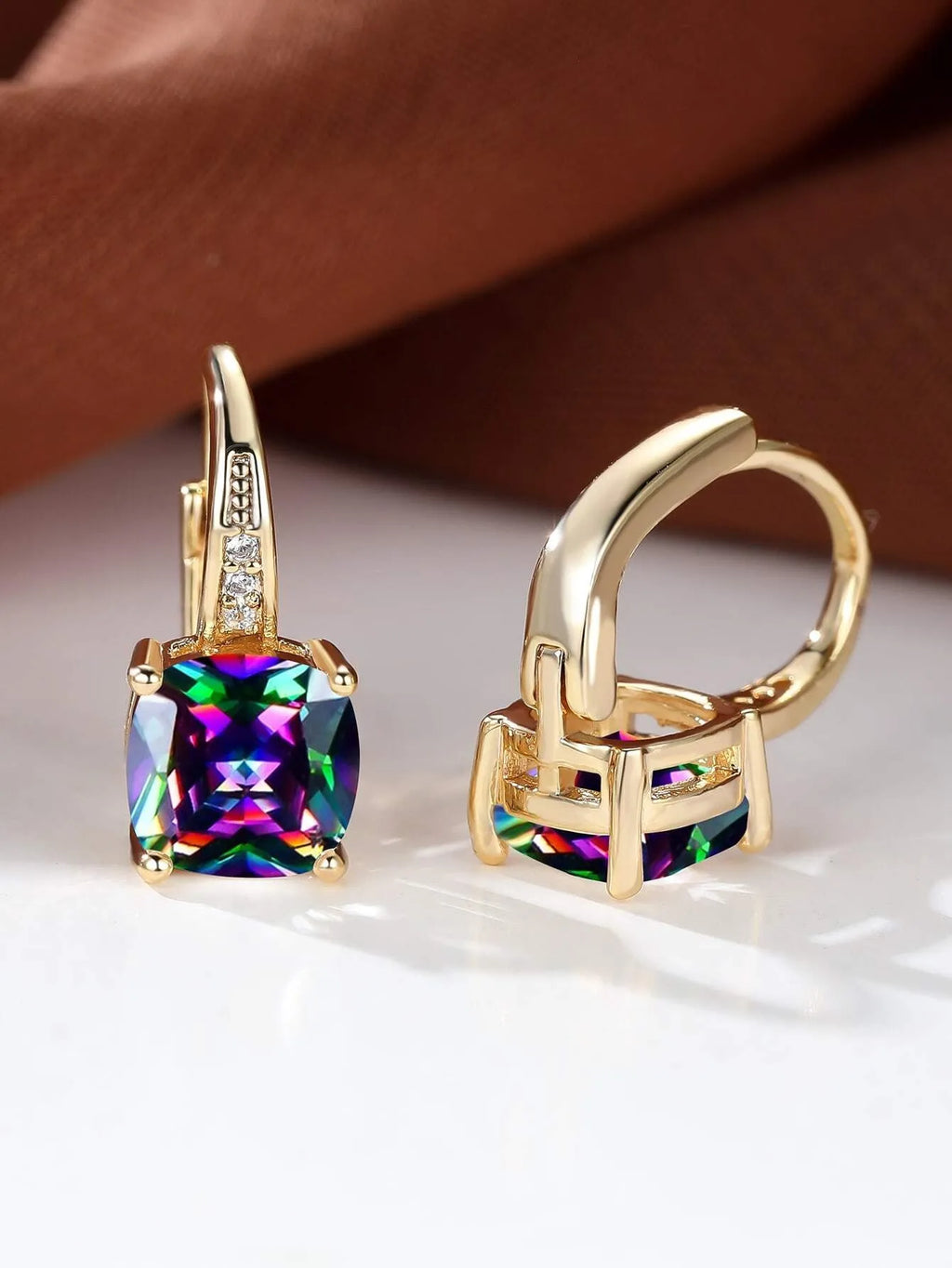 Square geometric moissanite ear clips with colourful inlays and electroplated finish