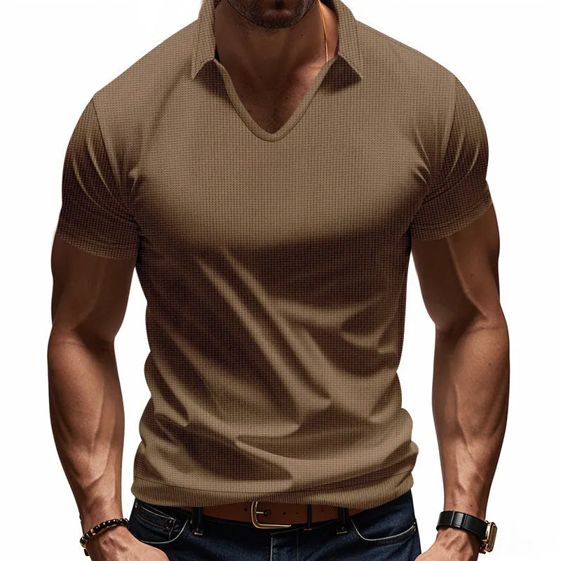 Men's V-neck loose fit short sleeve T-shirt in polyester cotton blend fabric