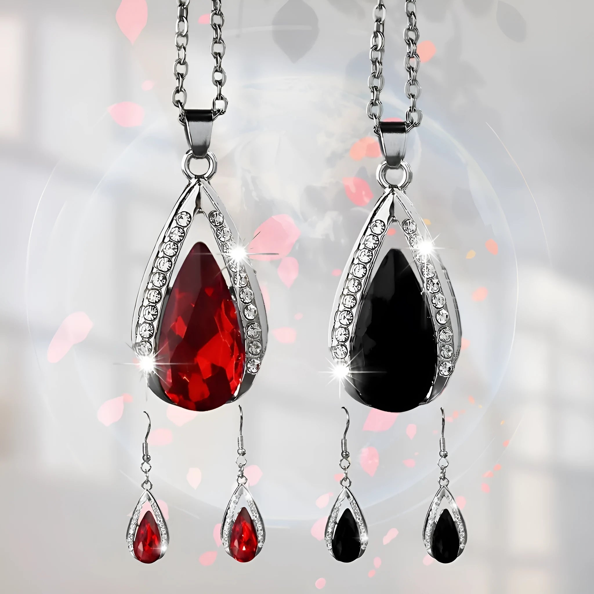 Teardrop glass pendant necklace and earrings suite in black or red alloy metal jewellery