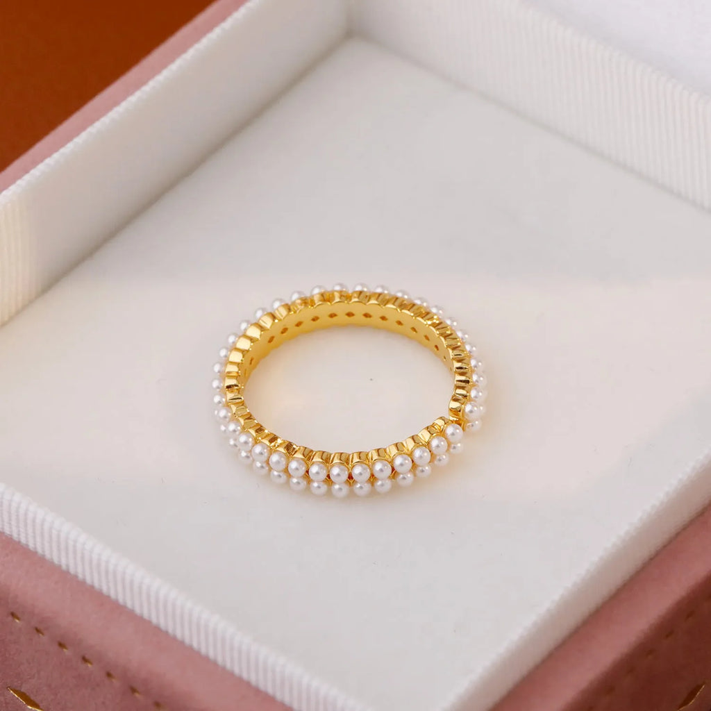 Gold geometric open mouth women's ring with pearl detailing on copper base