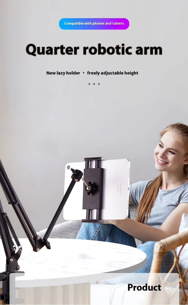 Black foldable metal desktop cantilever bracket with tablet clip extended to mounting position