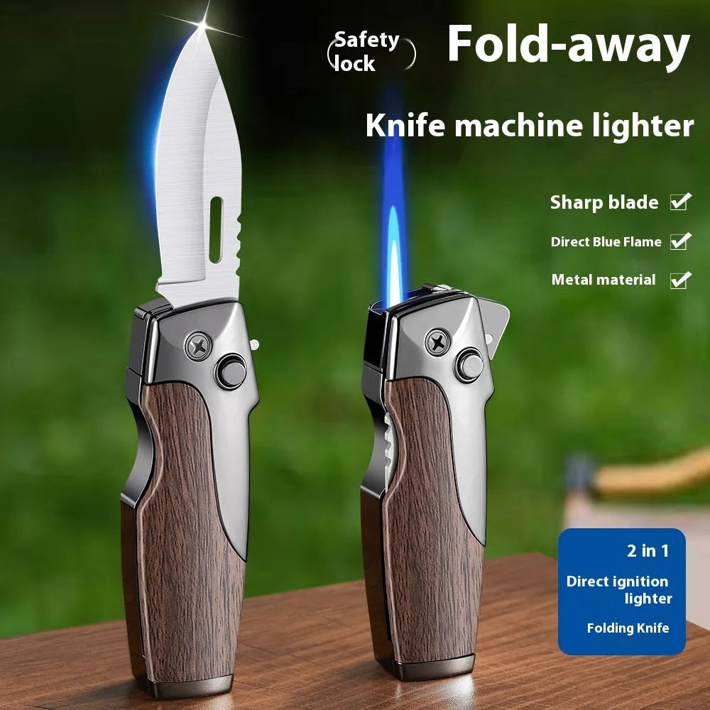 Zinc alloy metal folding lighter tool with a knife, shown in various colour and texture finishes.