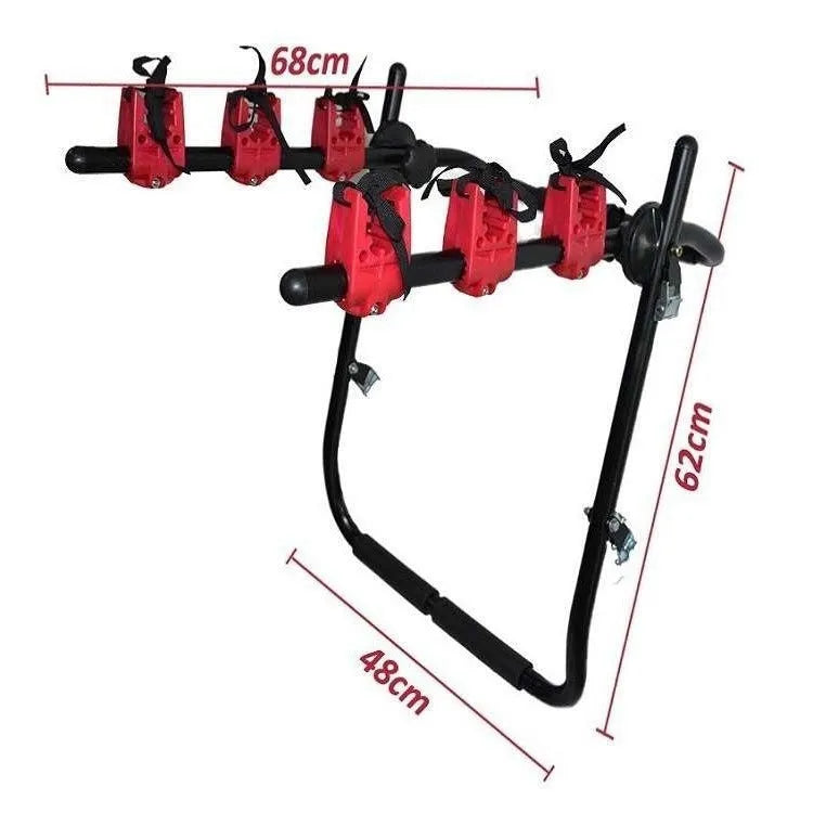 Black and red boot-mounted car bike rack with iron frame measuring 73x50cm