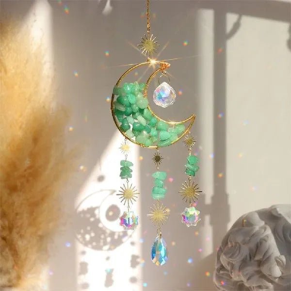 K9 crystal moon car pendant on a 420mm cord in blue, green, pink, purple, or white