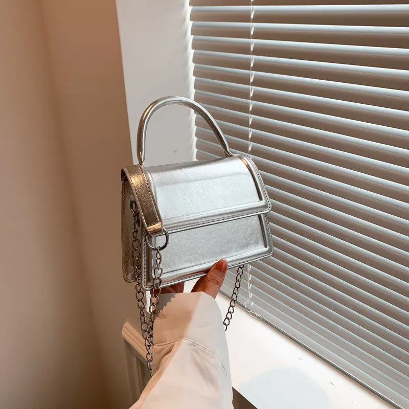 PU leather crossbody bag with horizontal square shape and sewing line detailing