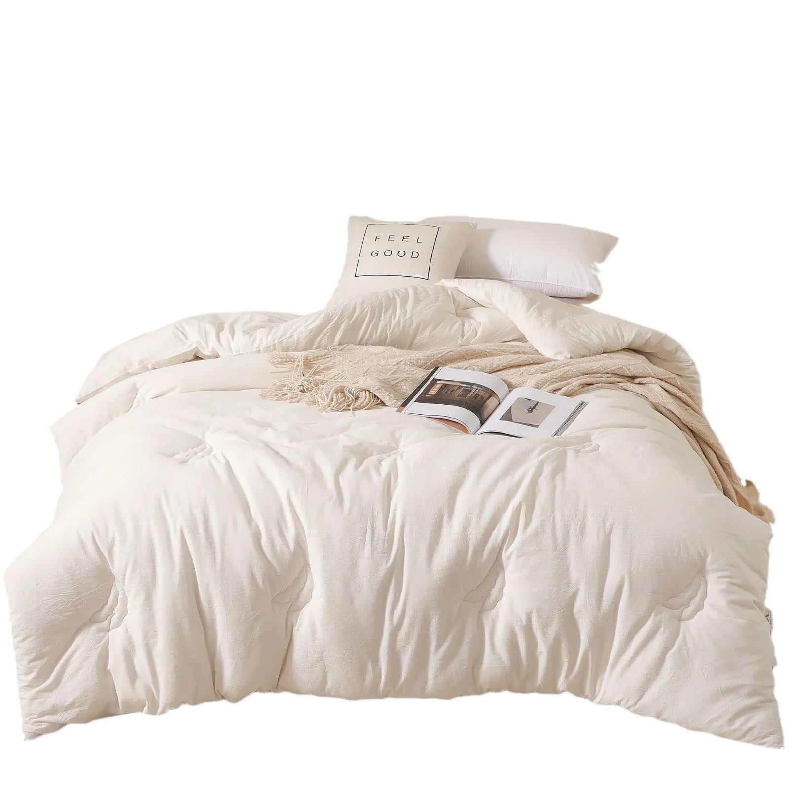 Soybean fibre pure cotton quilt in grey on a bed, showing twill weave fabric and neat stitching.