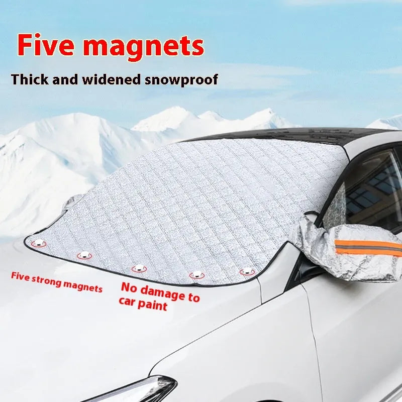 Large aluminium foil winter car cover for SUVs with reflective edges and five magnets.