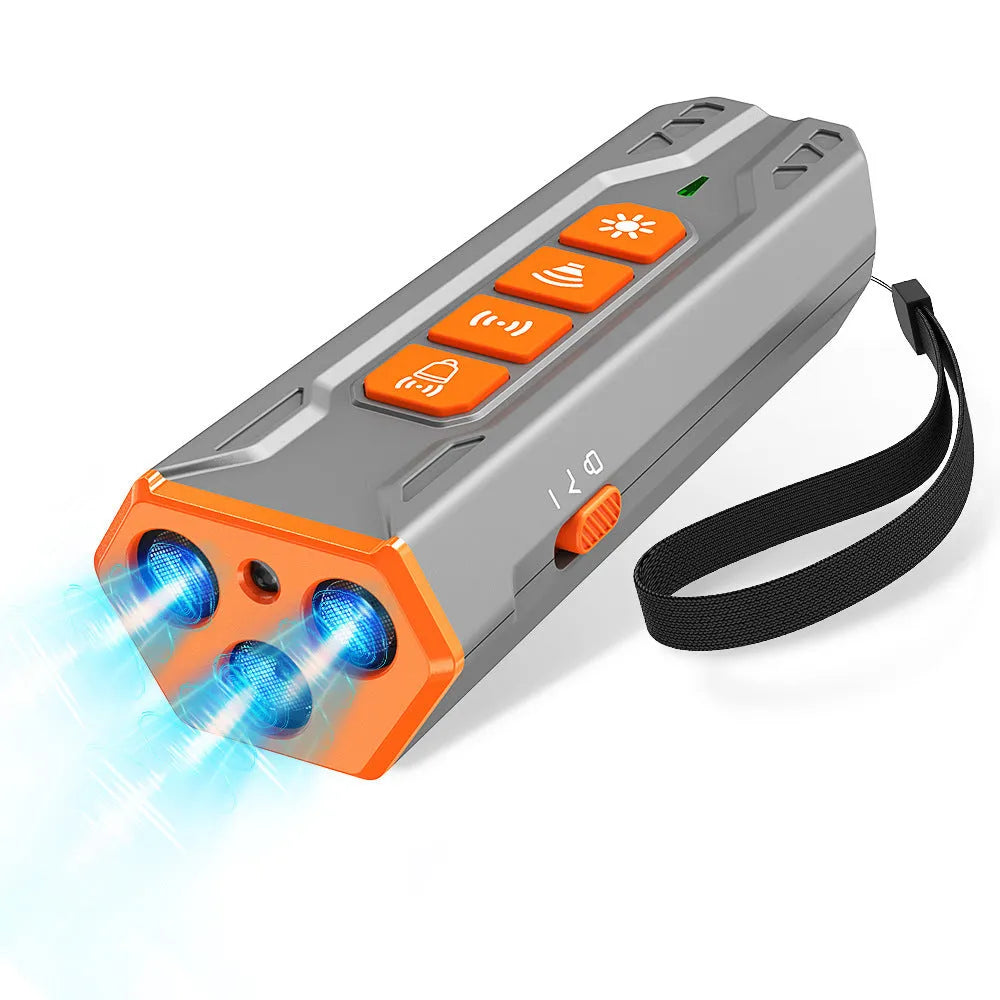 Grey and orange ultrasonic dog trainer device with three adjustable heads for bark control.