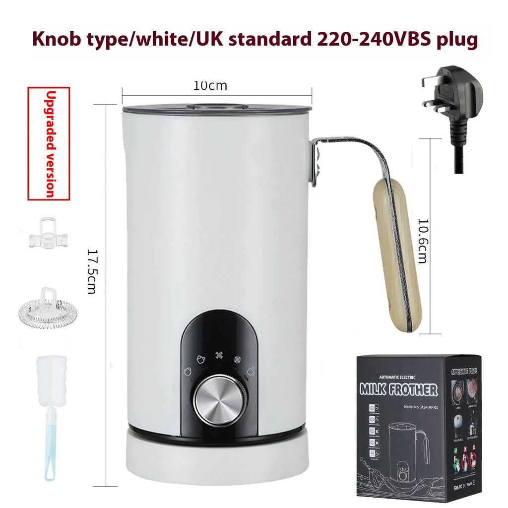 White knob-style milk frother with stainless steel body and 350ml capacity on countertop