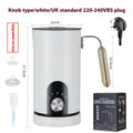 White knob-style milk frother with stainless steel body and 350ml capacity on countertop