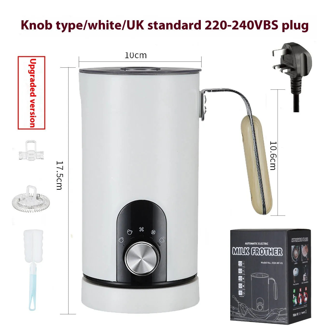 White knob-style milk frother with stainless steel body and 350ml capacity on countertop