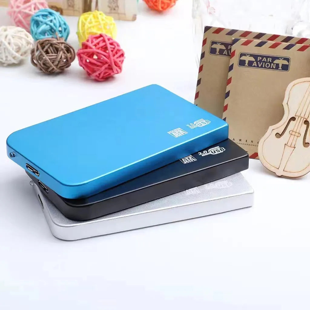 USB 3.0 external solid state drive with metal case in black, blue, red, or silver.