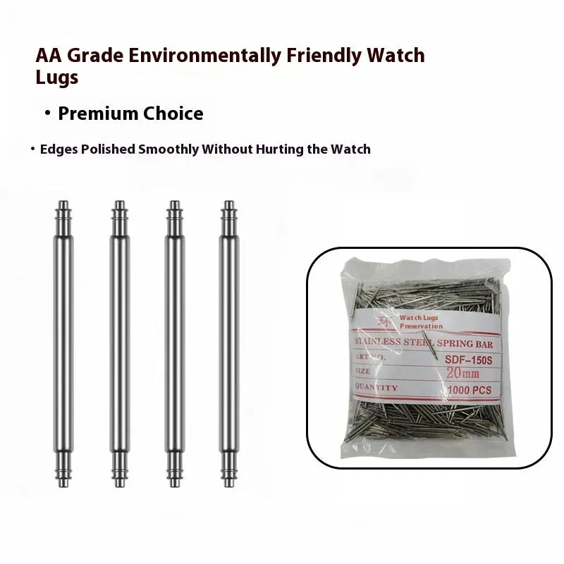 Watch repair parts set showing bolts, auricular needles, springs, and shafts in sizes 21mm to 26mm