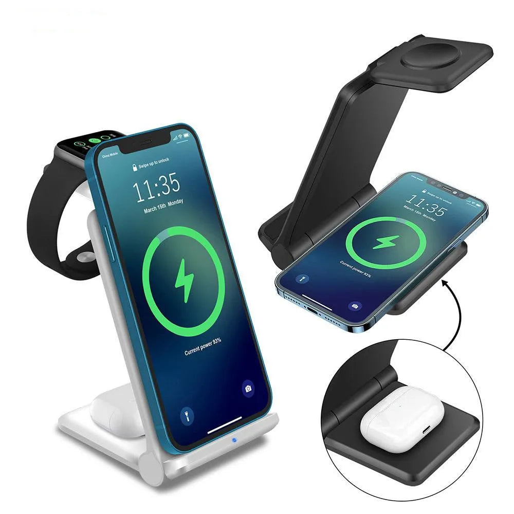 Black and white 3-in-1 wireless charging station showing phone, smartwatch and earbuds charging simultaneously