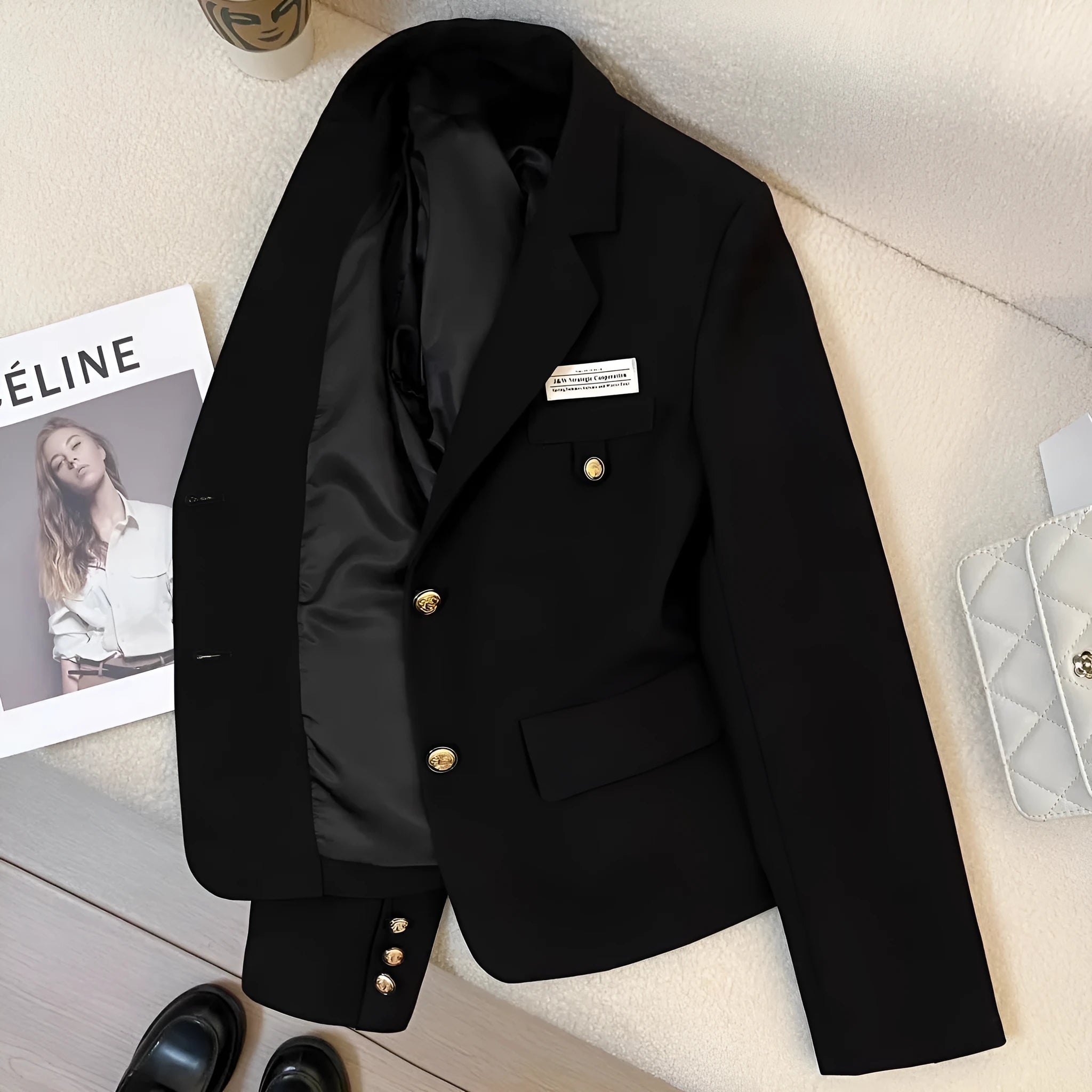 Women's black loose-fit short polyester suit coat with long sleeves and pockets.