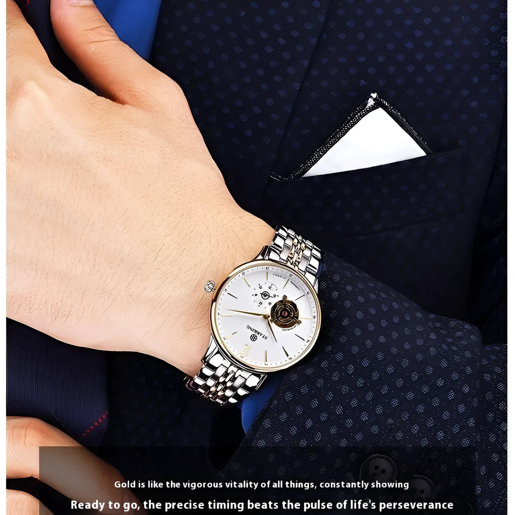 Men's stainless steel automatic business watch with sapphire crystal and brown leather strap