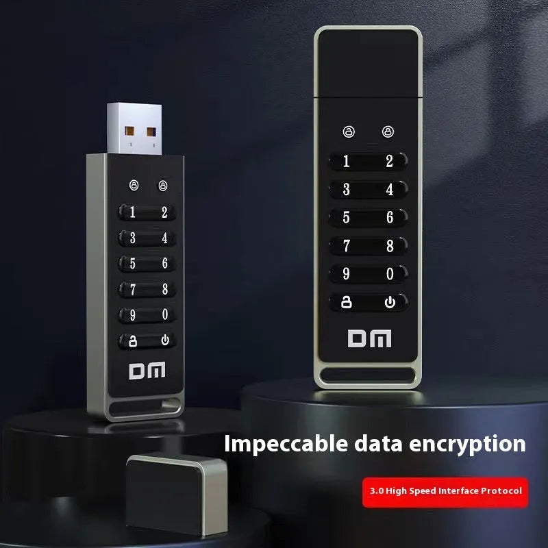 Metal USB flash drive with fingerprint scanner showing 64GB capacity and USB 3.0 connection