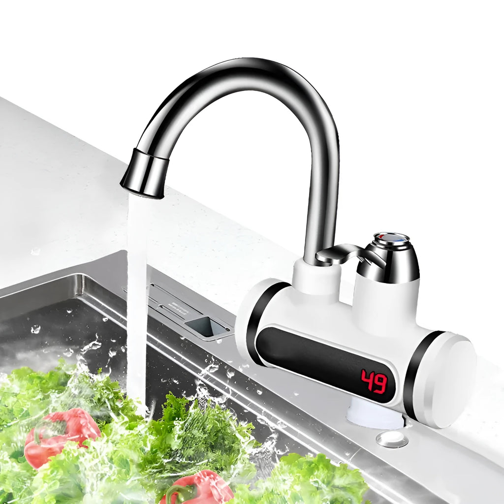 White kitchen electric water heater tap with digital temperature display and control panel