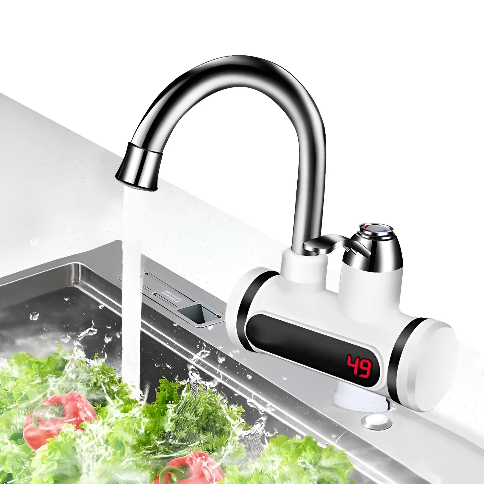 White kitchen electric water heater tap with digital temperature display and control panel