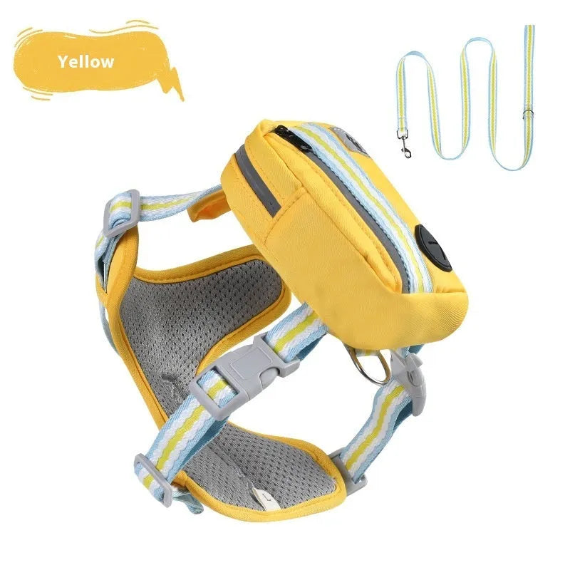 Explosion-proof anti-strangulation pet harness with breakaway buckle on a small dog, includes 1.5 metre rope.
