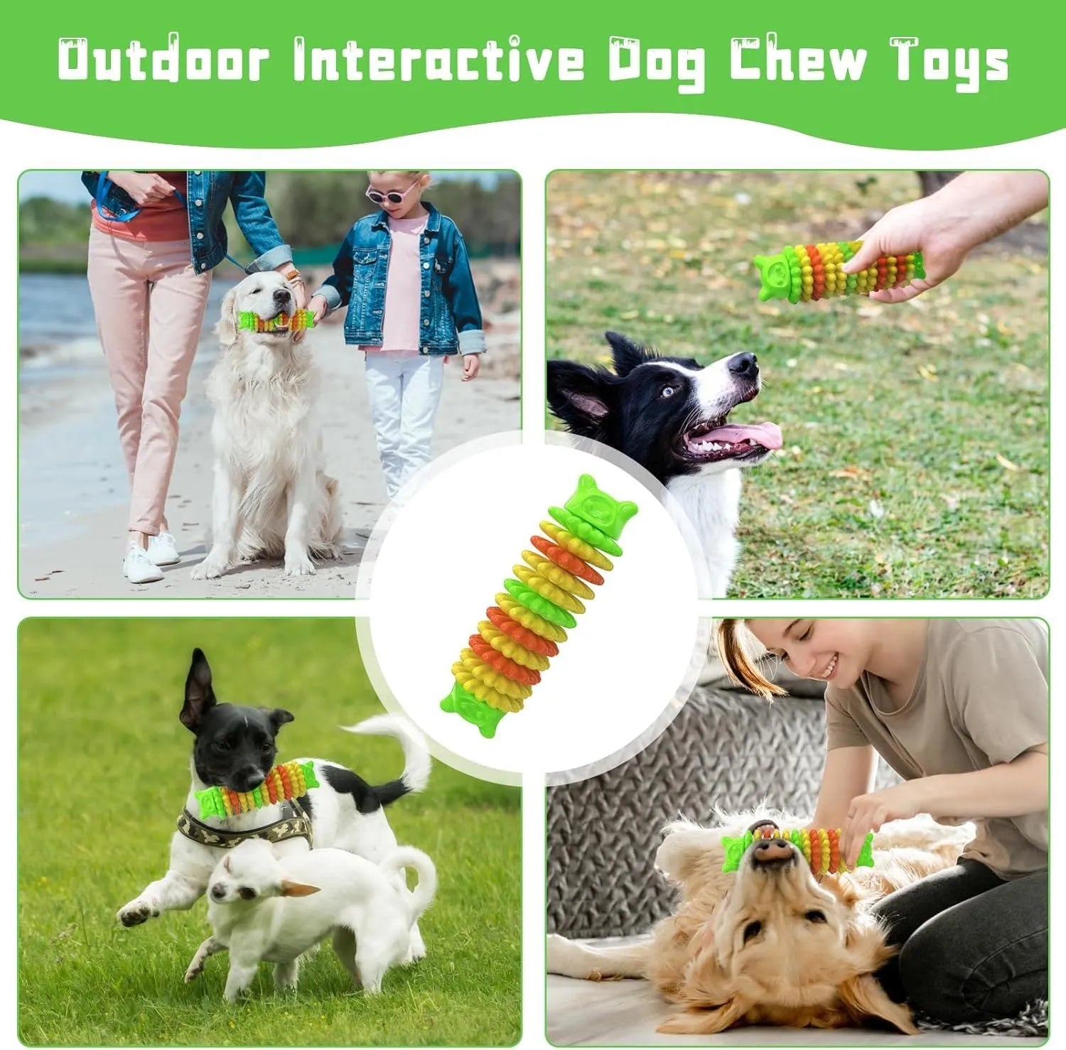 Blue green and pink natural rubber caterpillar-shaped dog chew toy on a white background