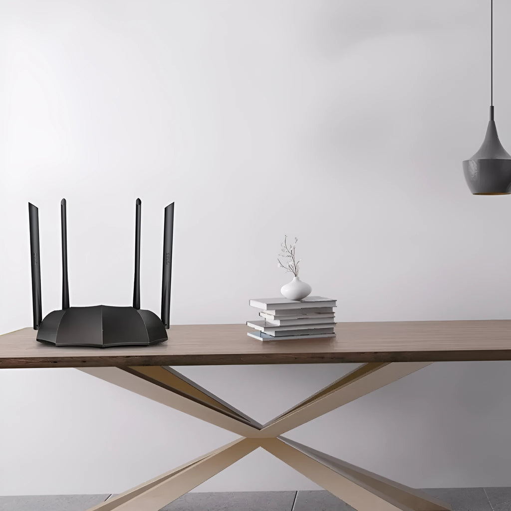 AC8 dual-band wireless router with three Gigabit LAN ports on the back.