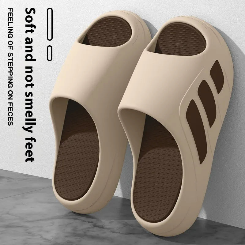 Brown and two-tone EVA platform flip flop slippers for indoor home use with letter detailing