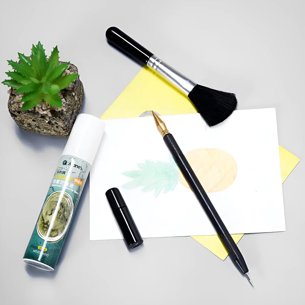 Scratch art repair tool set with scraper pen, brush, repair solution bottle, and bamboo stick.