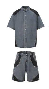 Personalised retro washed denim suit set with short-sleeved jacket and matching trousers.