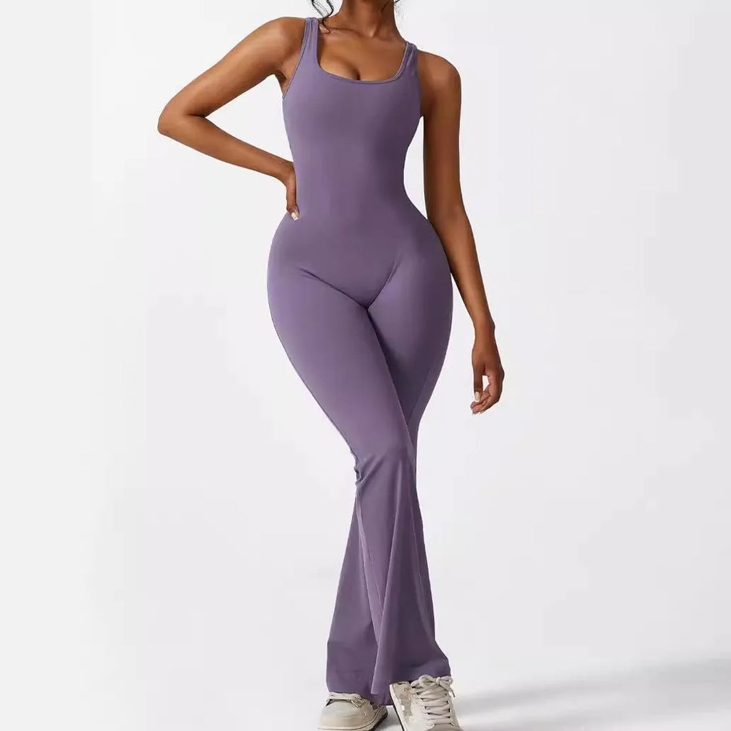 Women's sleeveless flare jumpsuit for fitness and yoga in multiple colours