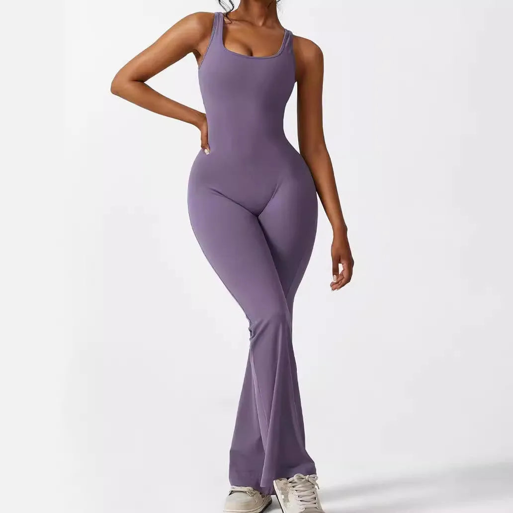Women's sleeveless flare jumpsuit for fitness and yoga in multiple colours