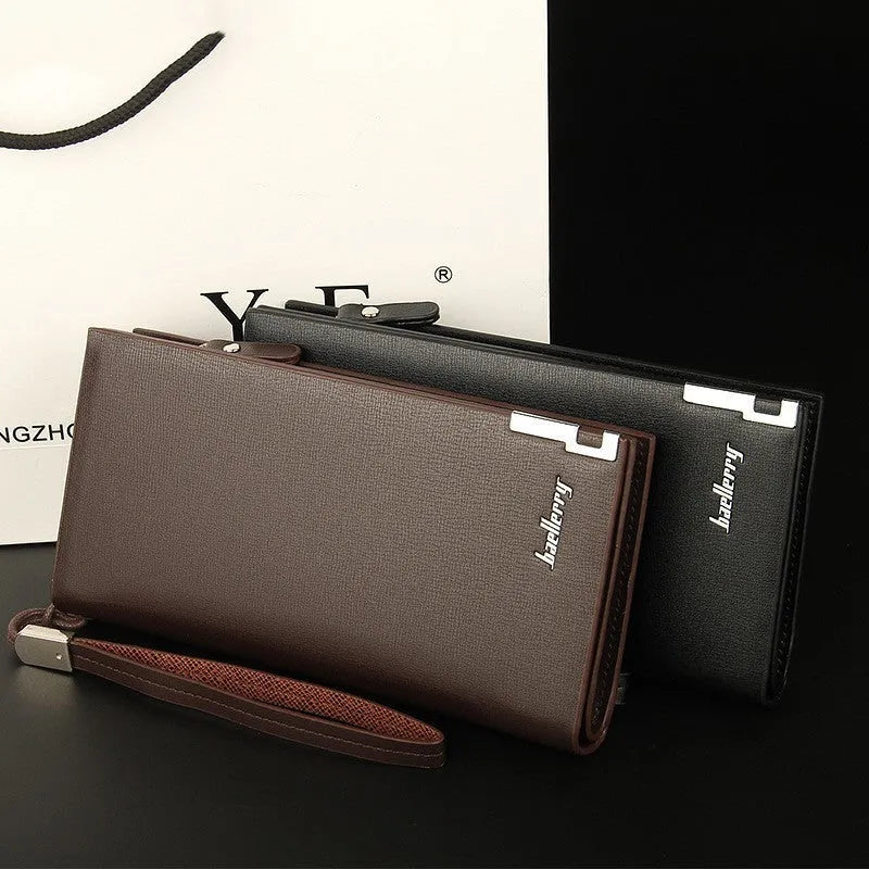 Men's black PU leather zip wallet open showing card slots and cash compartment