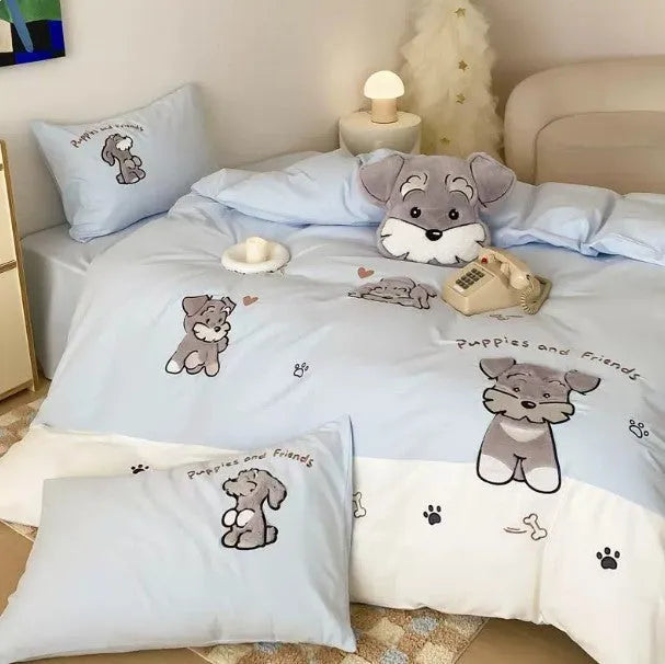 Cartoon Schnauzer embroidered cotton bedding set showing quilt cover, sheet and pillowcases