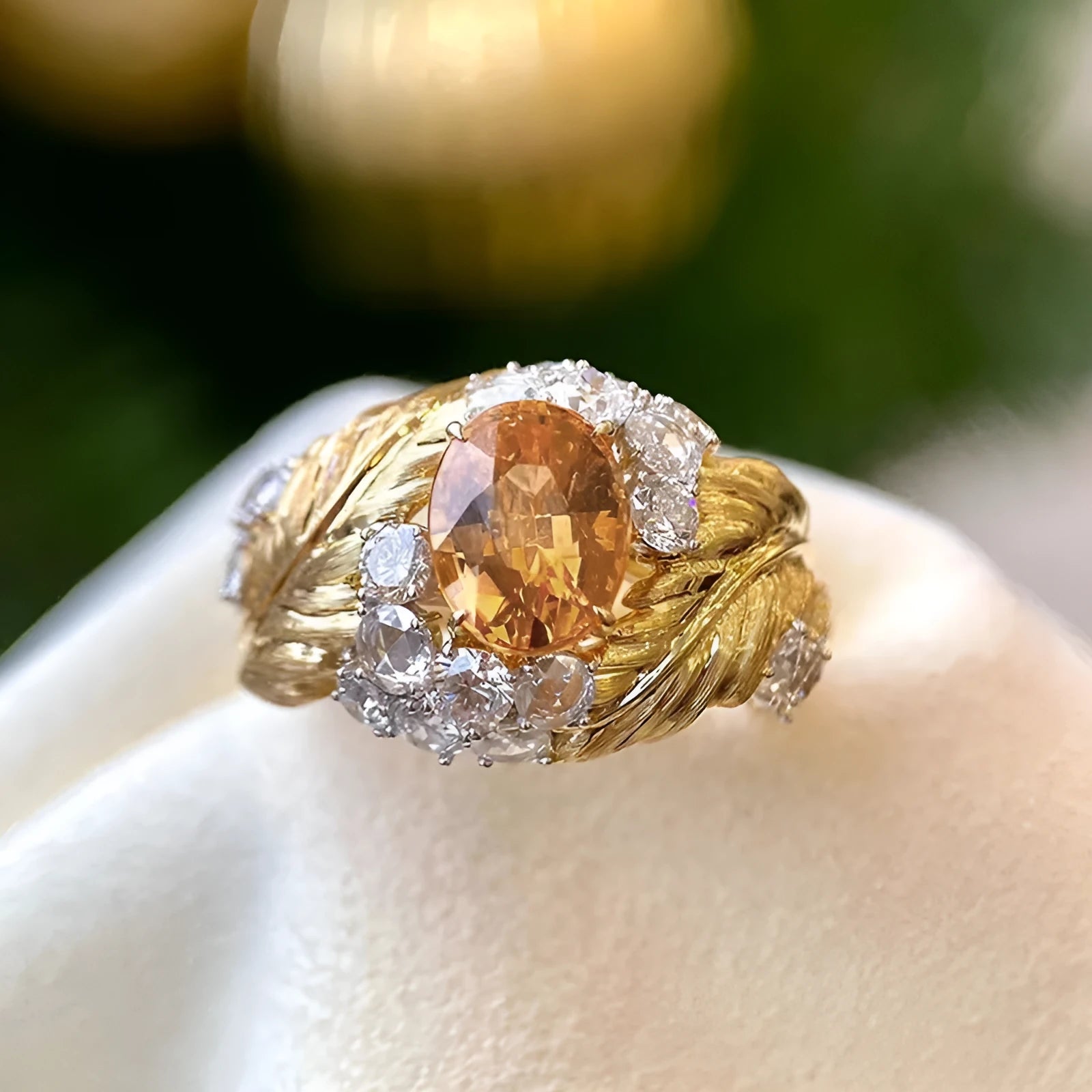 Gold-coloured embossed feather fashion ring with geometric shape and inlaid yellow zircon stones.