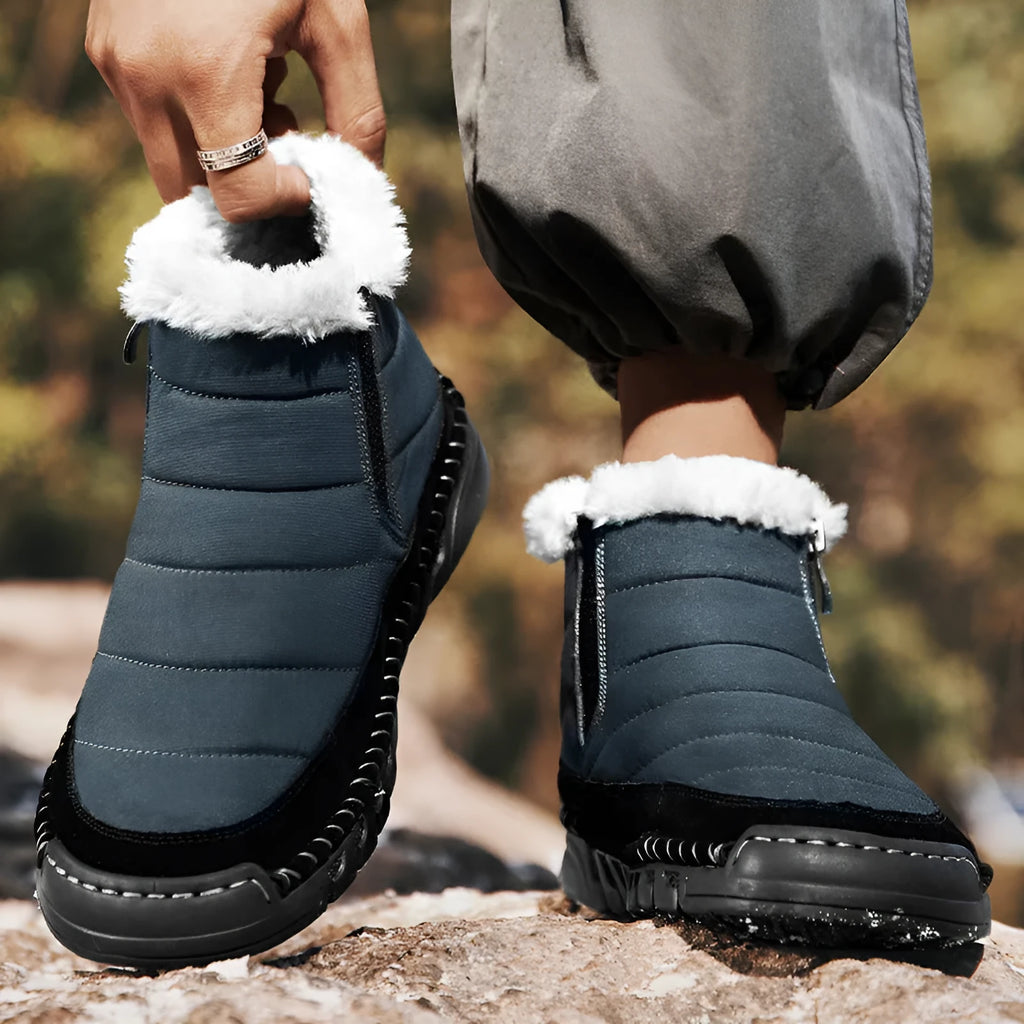 Men's plus size snow boot in a solid colour with cotton upper, flat heel, and non-slip rubber sole.