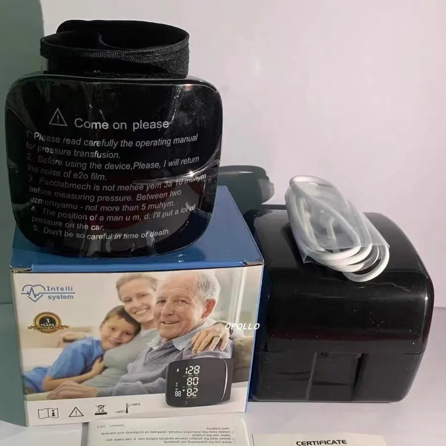 Black wrist blood pressure monitor with USB charging port and multilingual voice options