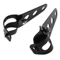 A pair of black iron motorcycle headlamp support brackets for retro bike modification.