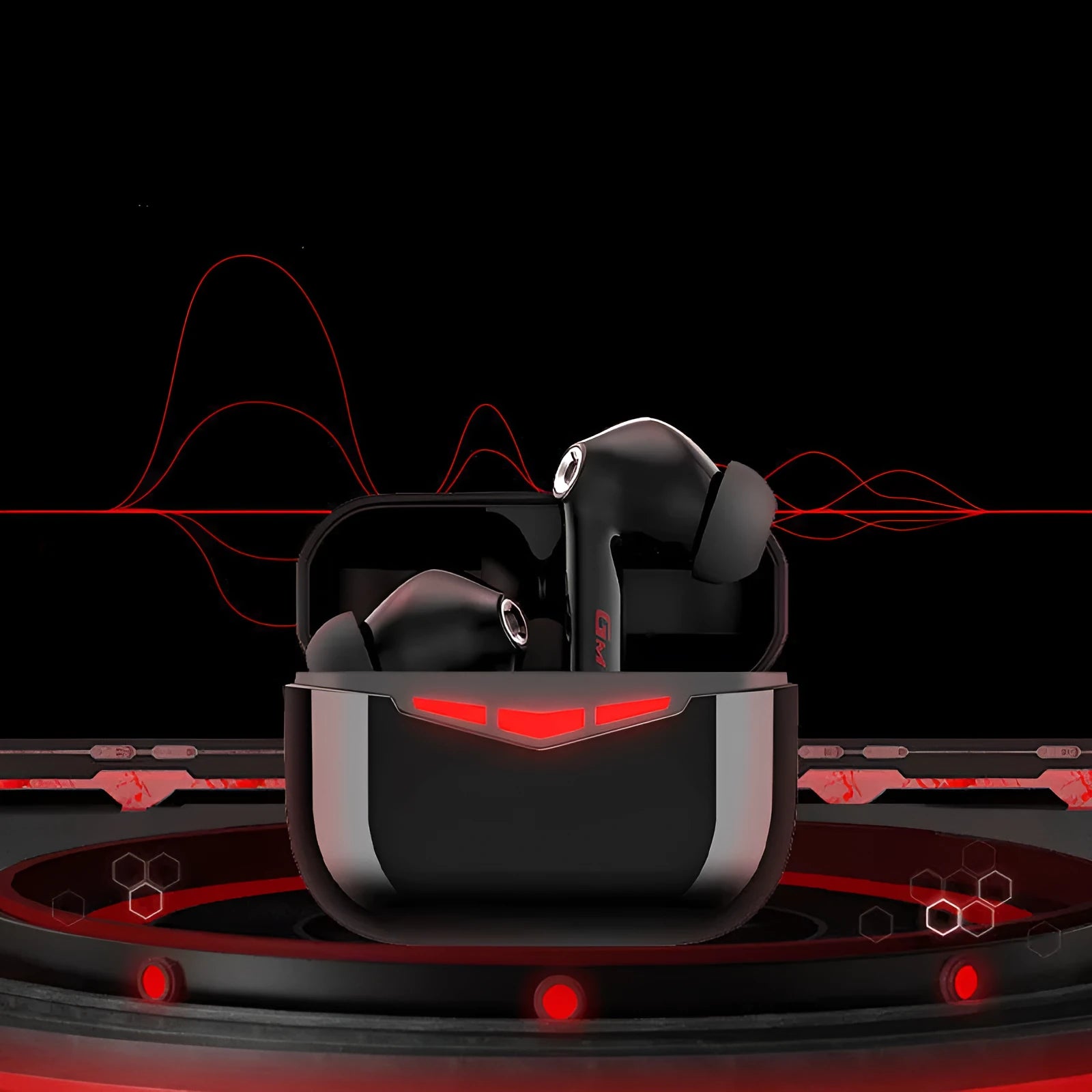 True wireless black gaming earbuds with charging case and spare silicone ear tips.