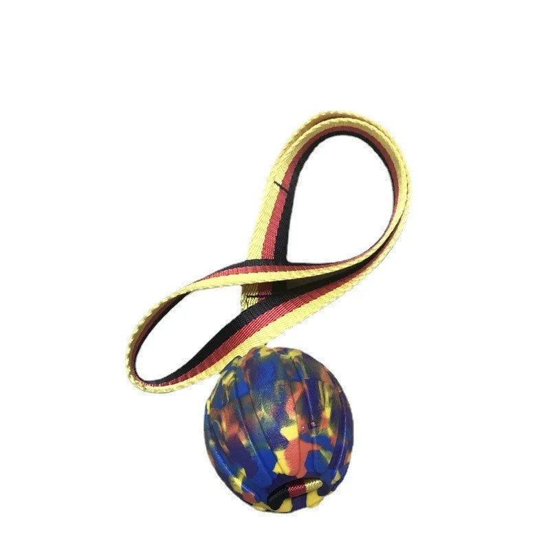 Floating camouflage and yellow EVA tetherball dog toys in three sizes: 6.5cm, 7cm, and 9cm diameters