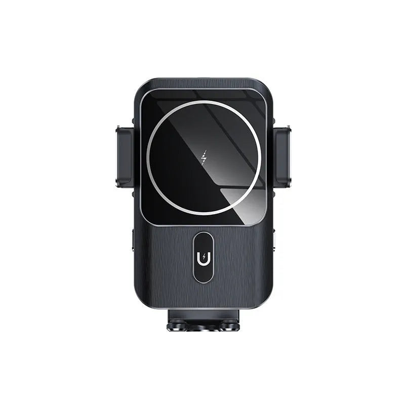 Black car wireless phone charger with 15W fast charging and clip or suction cup mount options