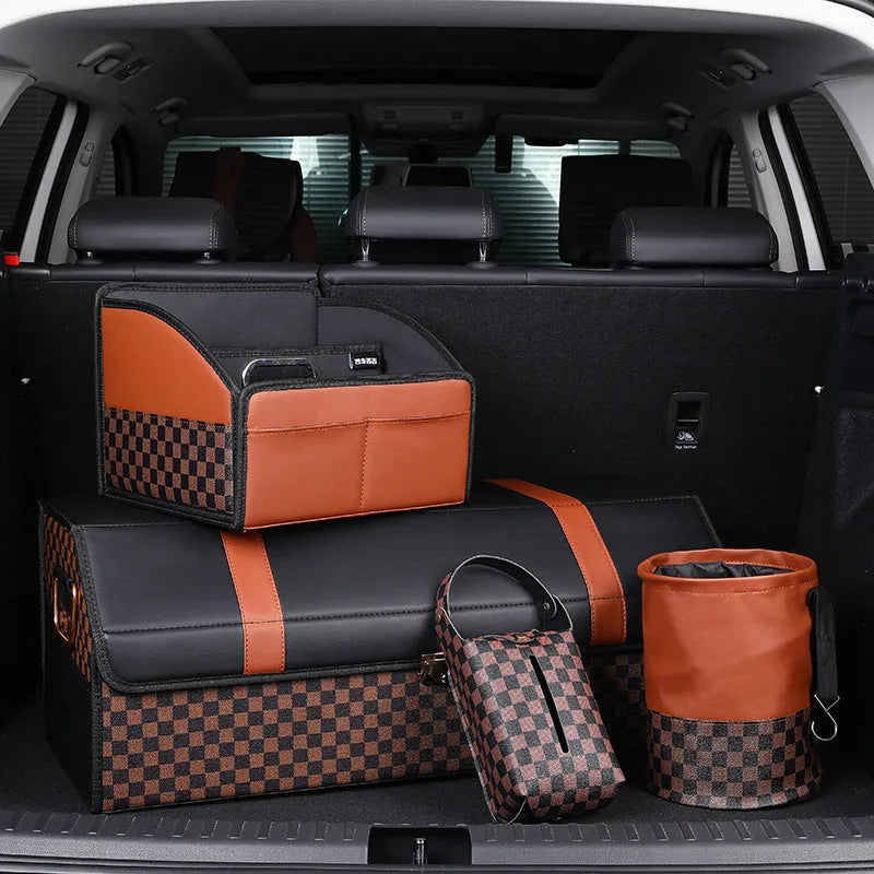 Leather retractable folding car trash can with handle