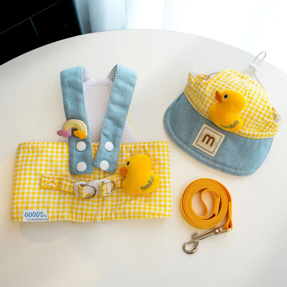 Pet harness and leash set with wire rope pulling toy, cute hat, and cat clothes on a dog and cat.