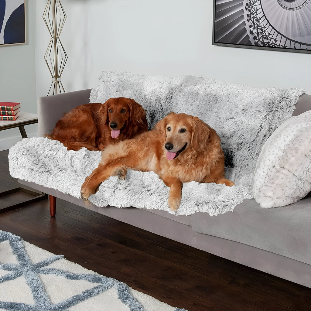 Plush waterproof dog cushion in dark grey, showing double-layer thickness on a wooden floor.
