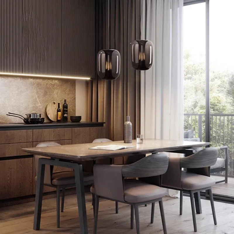 Nordic minimalist chandelier with glass shade in clear, cognac, or smoky grey colour